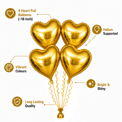 Golden Heart Shape Foil Balloons (18 Inch, Pack of 4) Helium Filled & Delivered Inflated