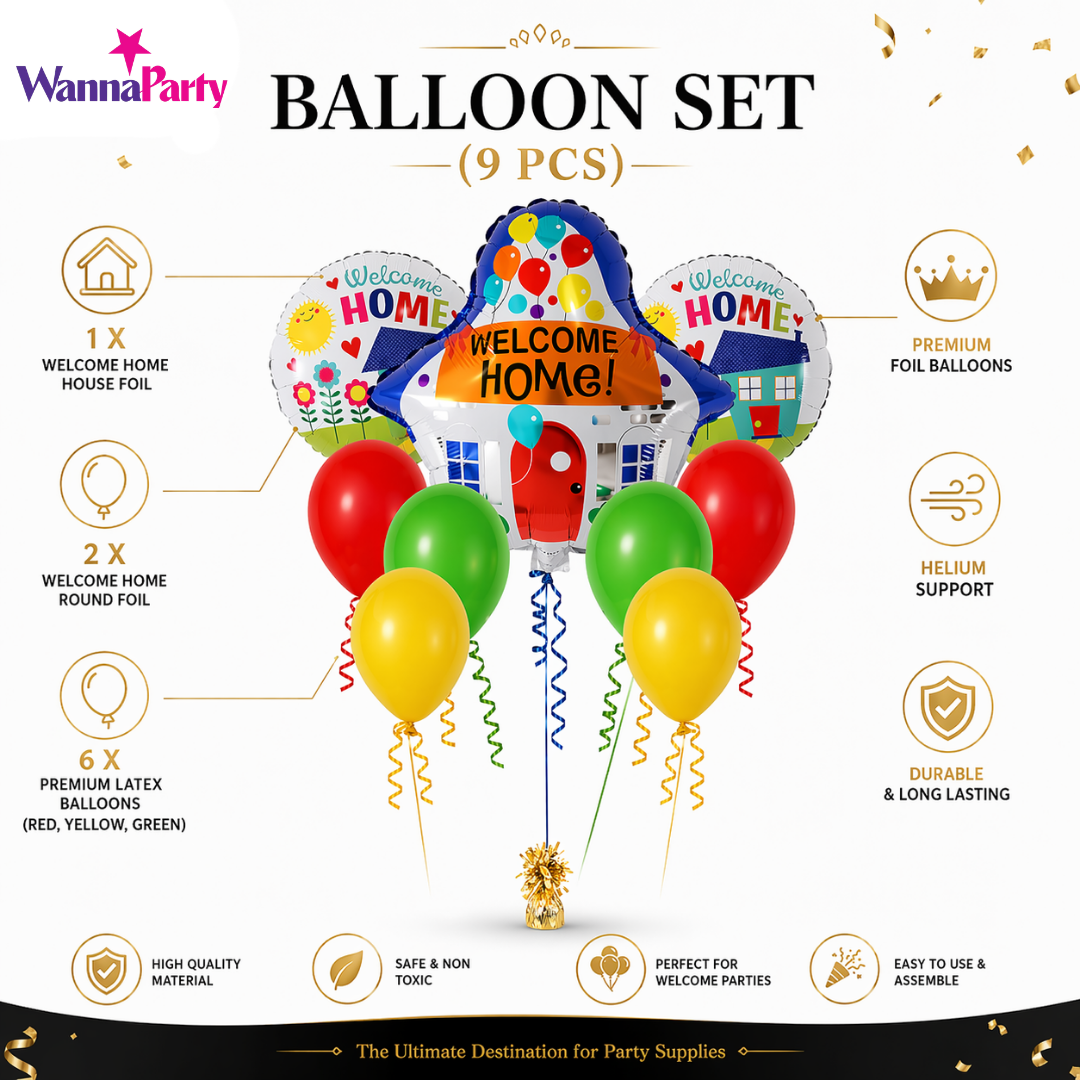 Welcome Home Balloon Decoration Set of 9 | House Shape Foil Balloon with Welcome Home Printed Balloons & Latex Balloons