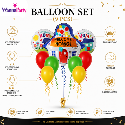 Welcome Home Balloon Decoration Set of 9 | House Shape Foil Balloon with Welcome Home Printed Balloons & Latex Balloons