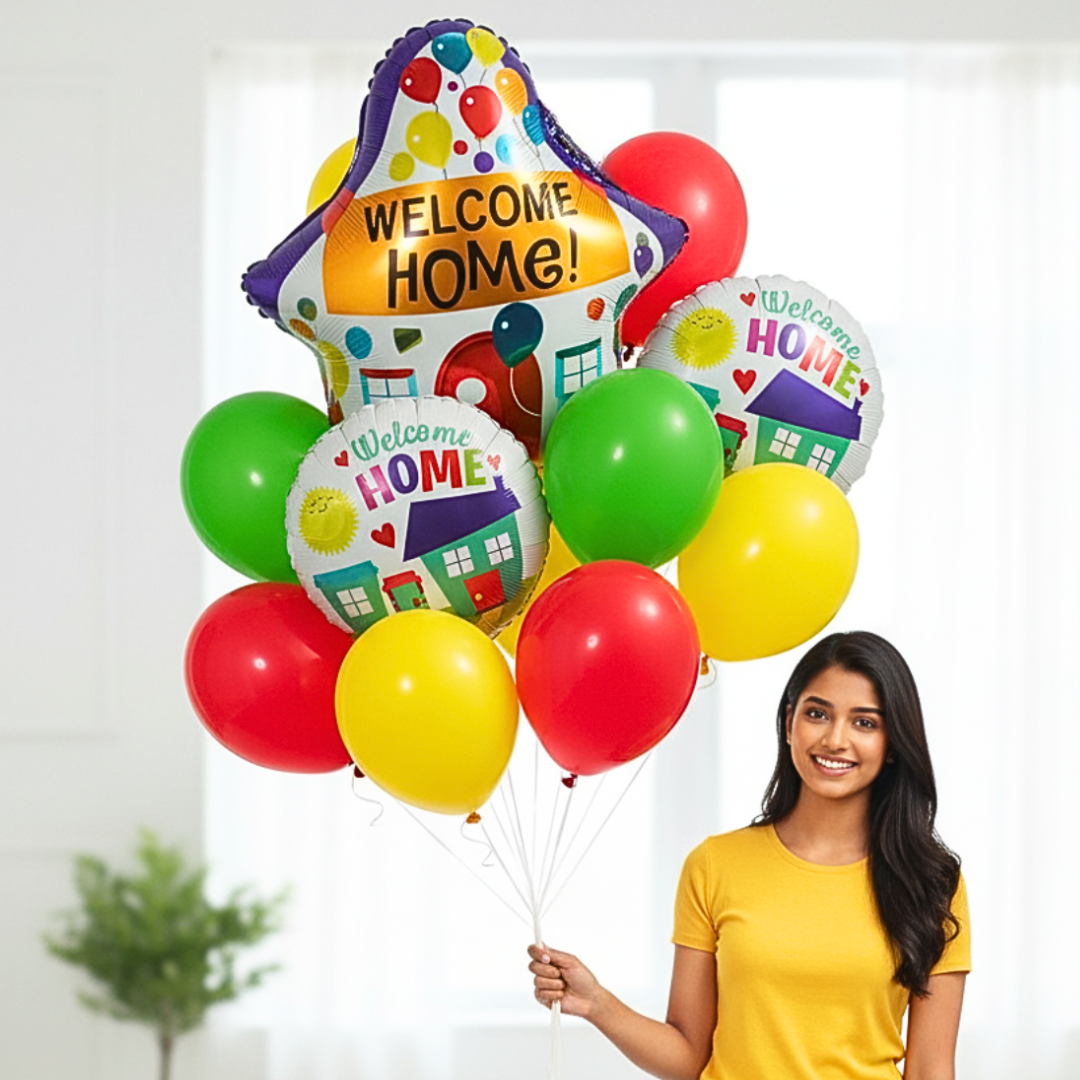 Welcome Home Balloon Decoration Set of 9 | House Shape Foil Balloon with Welcome Home Printed Balloons & Latex Balloons