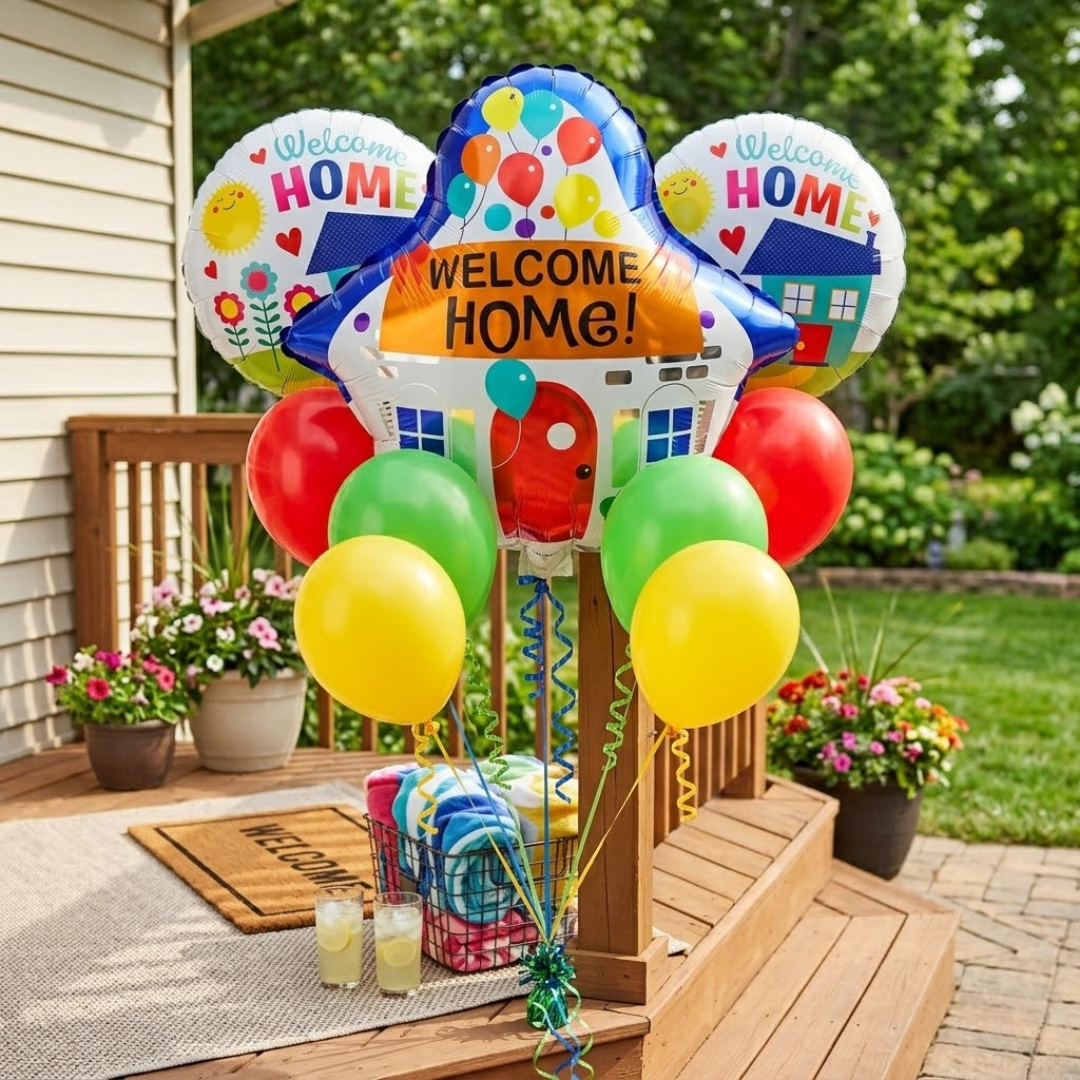 Welcome Home Balloon Decoration Set of 9 | House Shape Foil Balloon with Welcome Home Printed Balloons & Latex Balloons