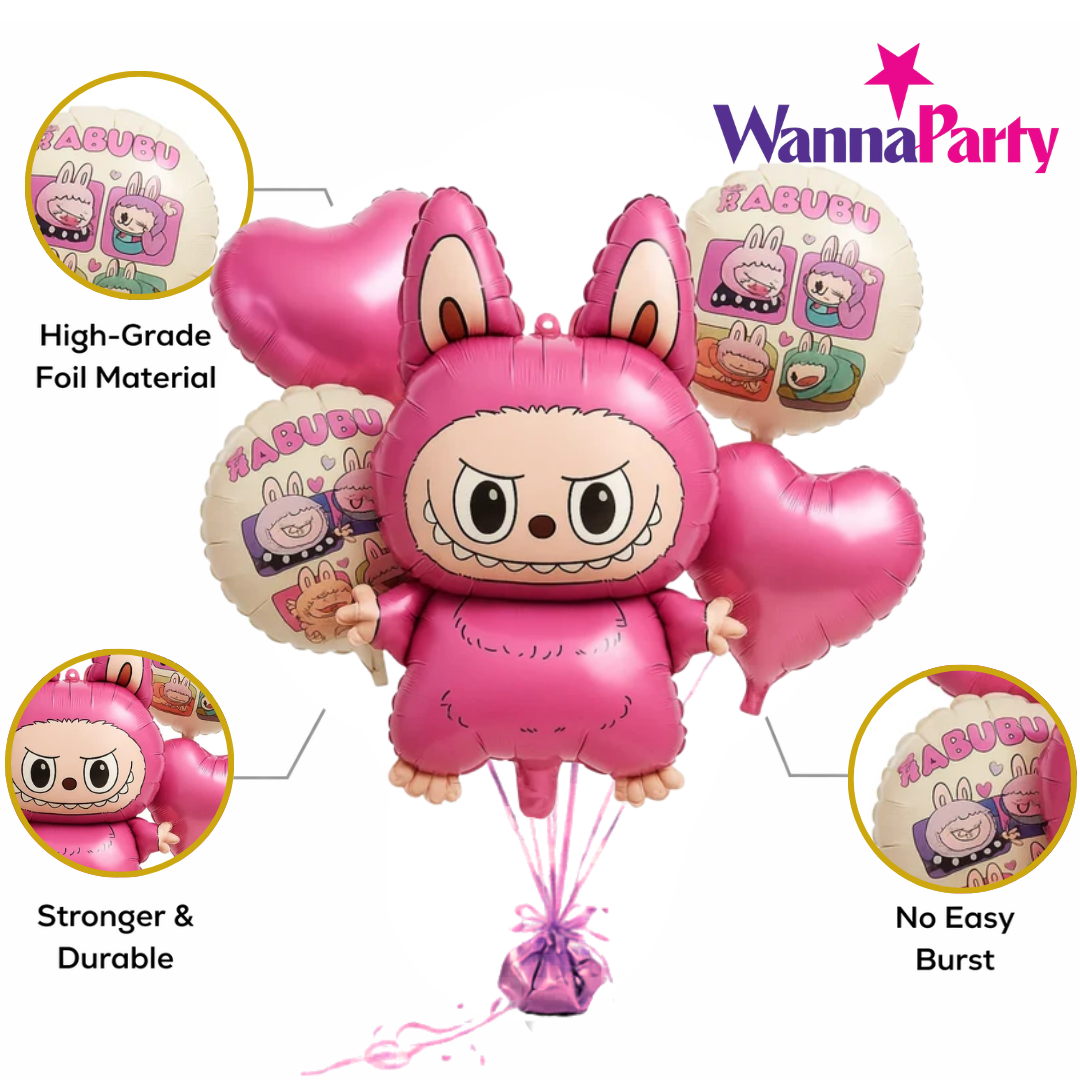 Labubu Theme Foil Balloon Bouquet Set of 5