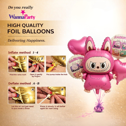 Cute Kind Labubu Monster Theme Helium Balloon Set of 5 (Monster Supershape + 2 Pink Heart + Printed Balloons) | Pre-Inflated & Delivered | Kids Birthday Decoration