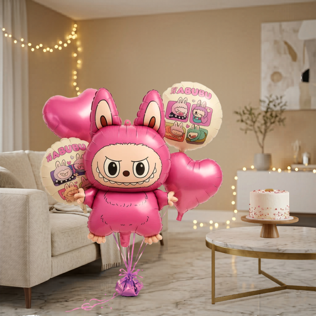 Cute Kind Labubu Monster Theme Helium Balloon Set of 5 (Monster Supershape + 2 Pink Heart + Printed Balloons) | Pre-Inflated & Delivered | Kids Birthday Decoration
