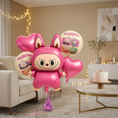 Cute Kind Labubu Monster Theme Helium Balloon Set of 5 (Monster Supershape + 2 Pink Heart + Printed Balloons) | Pre-Inflated & Delivered | Kids Birthday Decoration