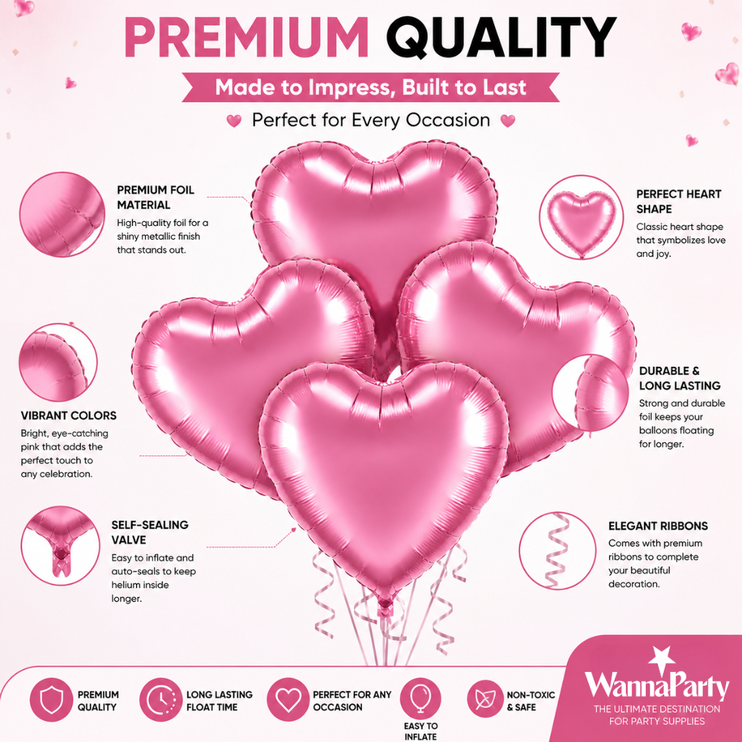 Pink Heart Foil Balloon Set - 4PC | Helium Filled & Delivered Inflated Balloons | Romantic Party Decoration for Valentine’s Day, Anniversary & Surprise Celebrations