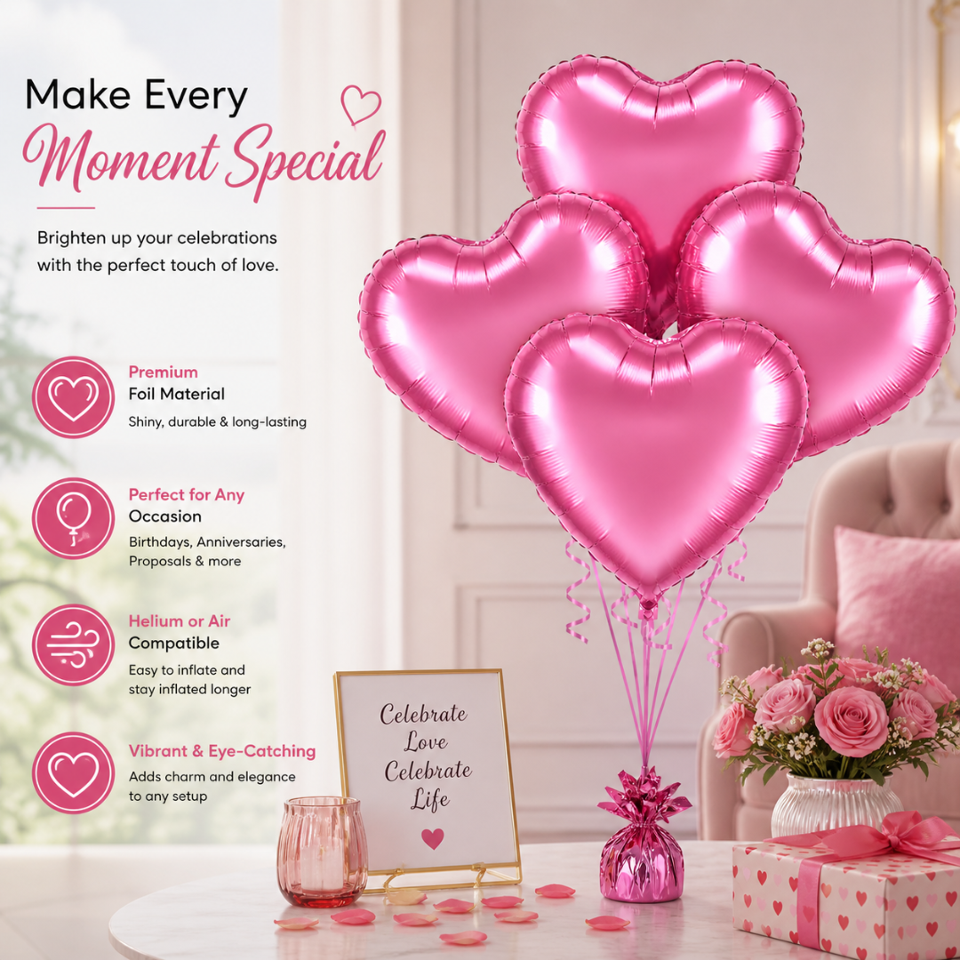 Pink Heart Foil Balloon Set - 4PC | Helium Filled & Delivered Inflated Balloons | Romantic Party Decoration for Valentine’s Day, Anniversary & Surprise Celebrations