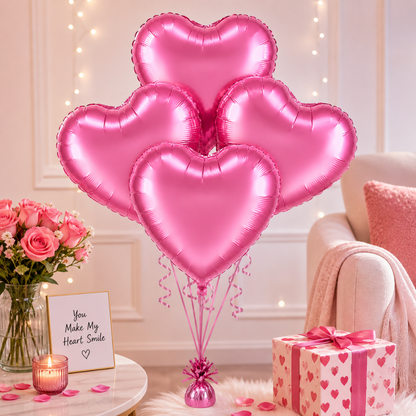 Pink Heart Foil Balloon Set - 4PC | Helium Filled & Delivered Inflated Balloons | Romantic Party Decoration for Valentine’s Day, Anniversary & Surprise Celebrations