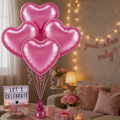 Pink Heart Foil Balloon Set - 4PC | Helium Filled & Delivered Inflated Balloons | Romantic Party Decoration for Valentine’s Day, Anniversary & Surprise Celebrations