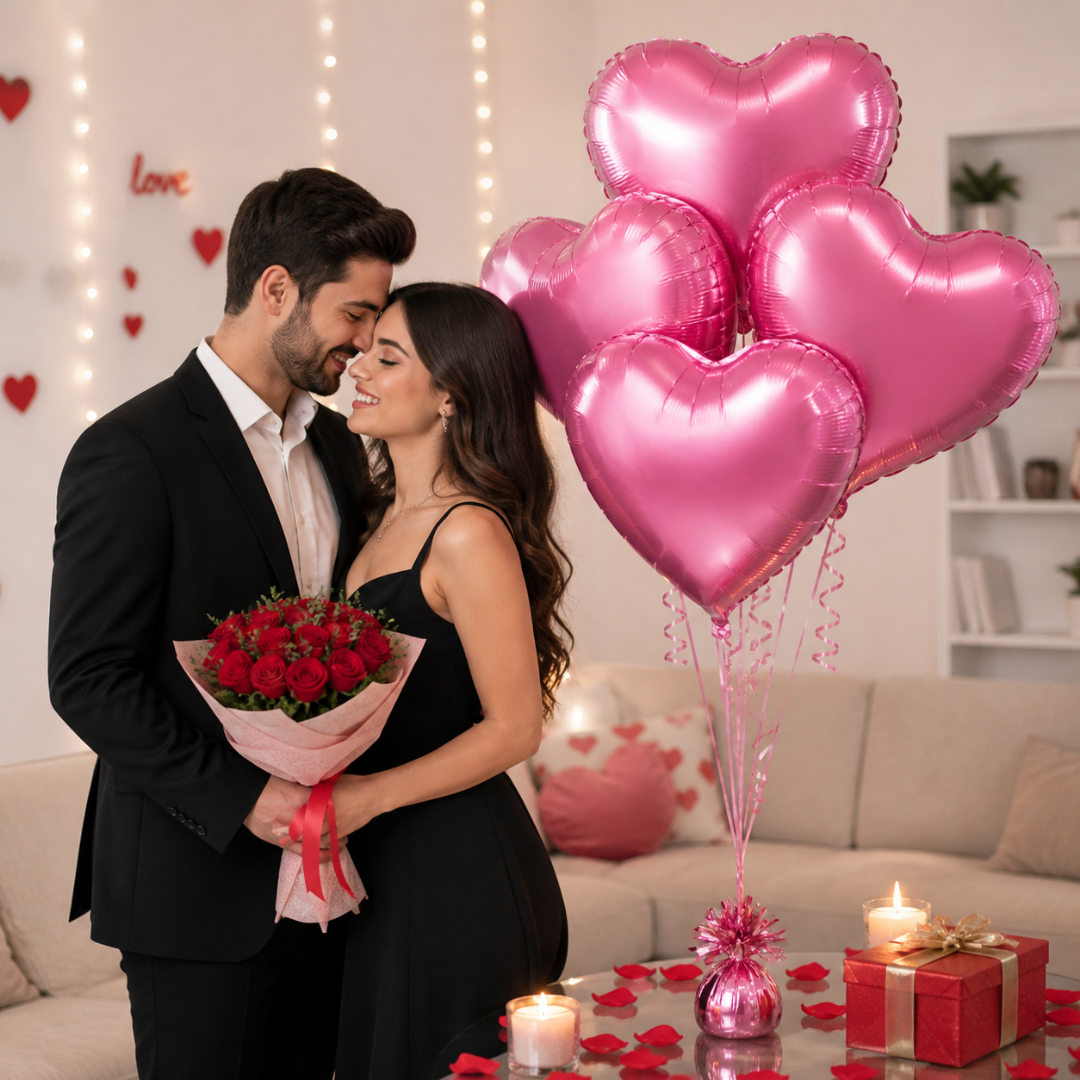 Pink Heart Foil Balloon Set - 4PC | Helium Filled & Delivered Inflated Balloons | Romantic Party Decoration for Valentine’s Day, Anniversary & Surprise Celebrations
