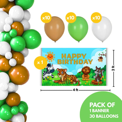 Happy Birthday Jungle Animal Banner w/ Brown, Green & White Latex/ Rubber Balloons - 4FT x 2FT - 1PC