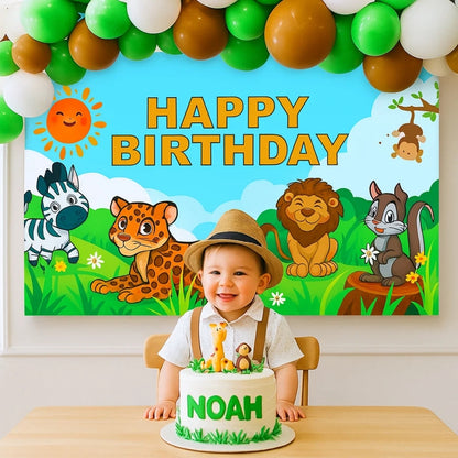 Happy Birthday Jungle Animal Banner w/ Brown, Green & White Latex/ Rubber Balloons - 4FT x 2FT - 1PC