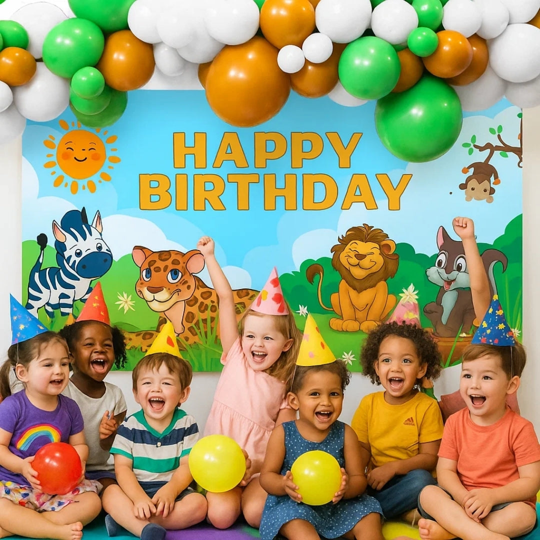 Happy Birthday Jungle Animal Banner w/ Brown, Green & White Latex/ Rubber Balloons - 4FT x 2FT - 1PC