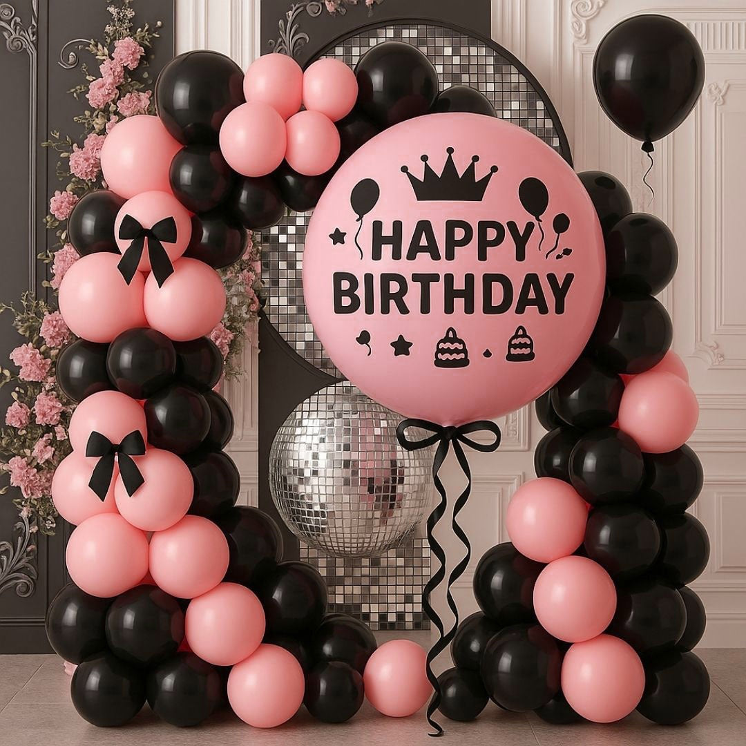 Happy Birthday Pink Balloons with Black Ribbon Combo Set - 22PC