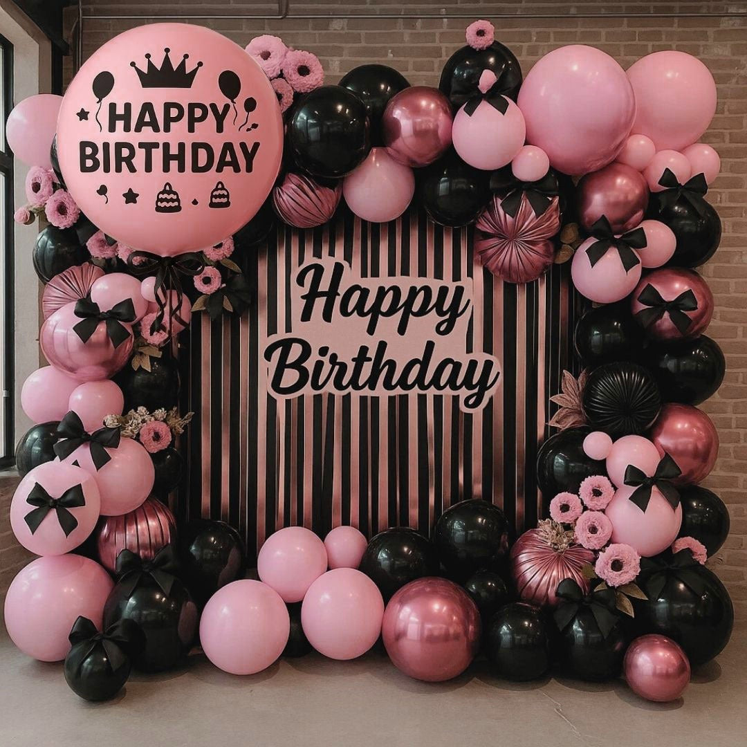 Happy Birthday Pink Balloons with Black Ribbon Combo Set - 22PC