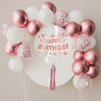 Happy Birthday Rose Gold Balloons and Rose Gold Confetti Balloons Combo Set - 22PC