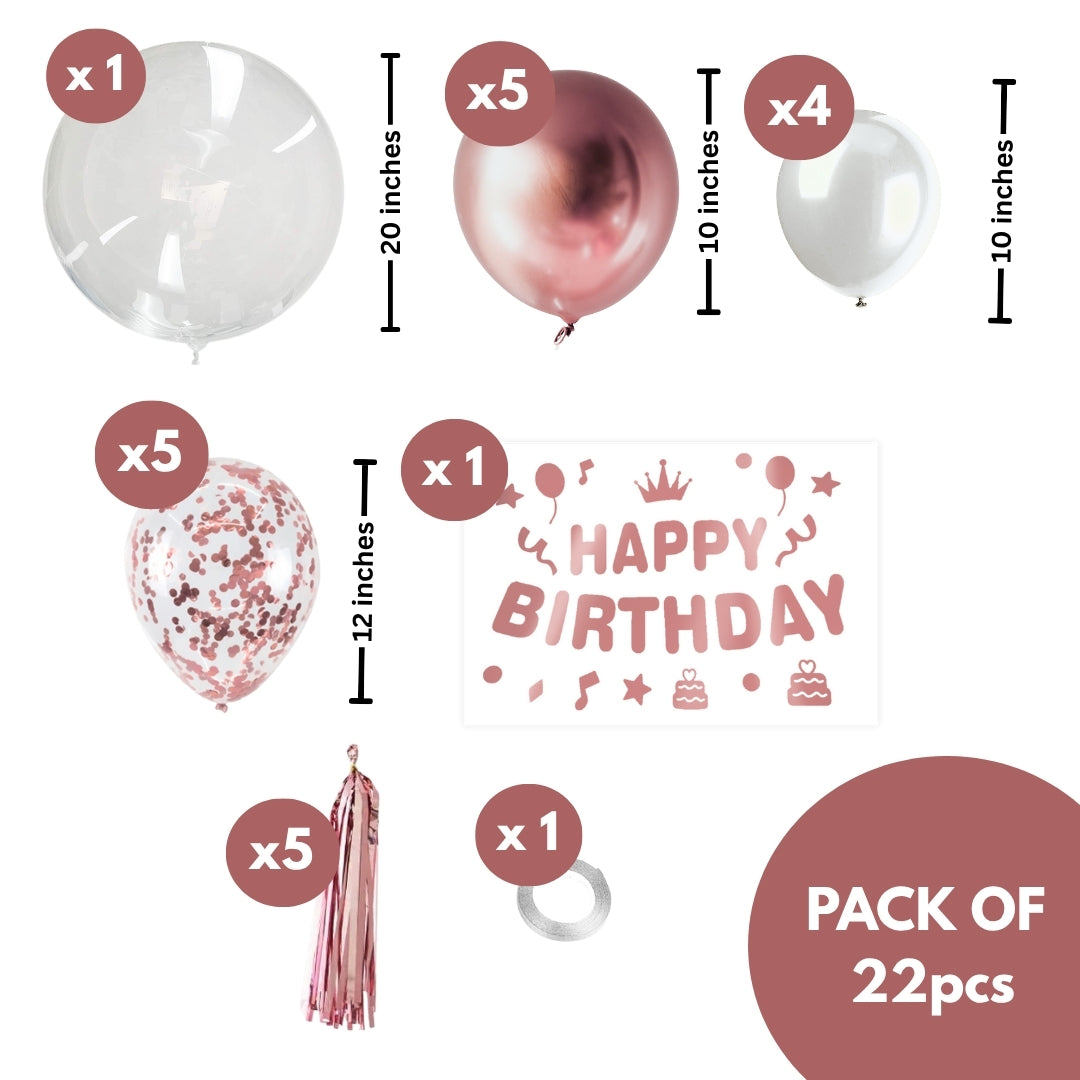 Happy Birthday Rose Gold Balloons and Rose Gold Confetti Balloons Combo Set - 22PC