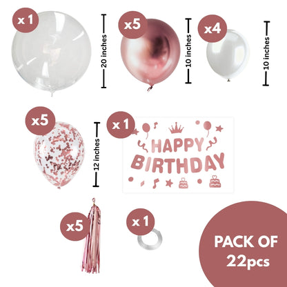 Happy Birthday Rose Gold Balloons and Rose Gold Confetti Balloons Combo Set - 22PC