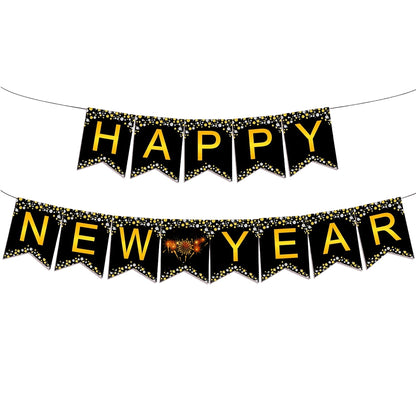 Happy New Year Black & Gold Letter Flag Banner - 1PC