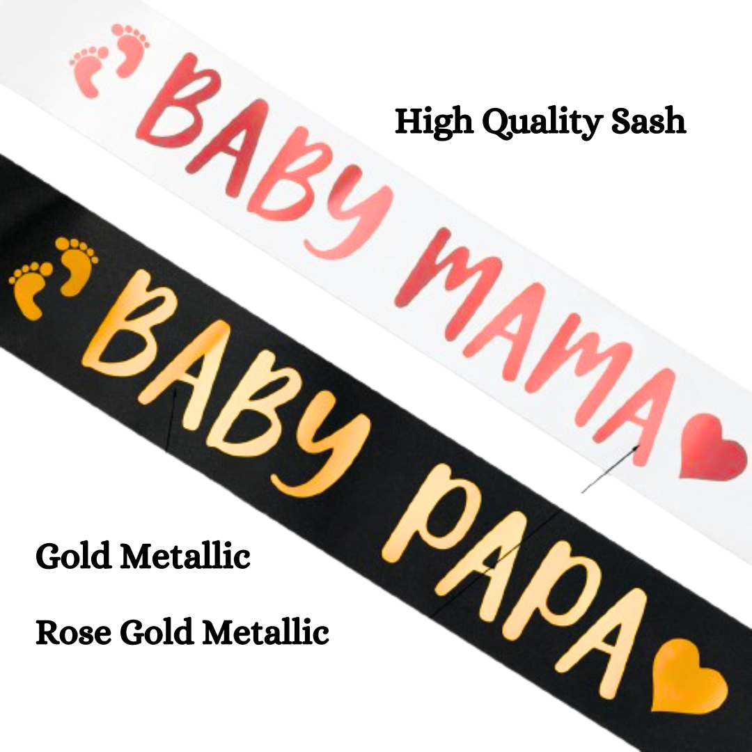 Baby Mama & Baby Papa White & Black Satin Sash for Parents To Be Combo Set - 2PC