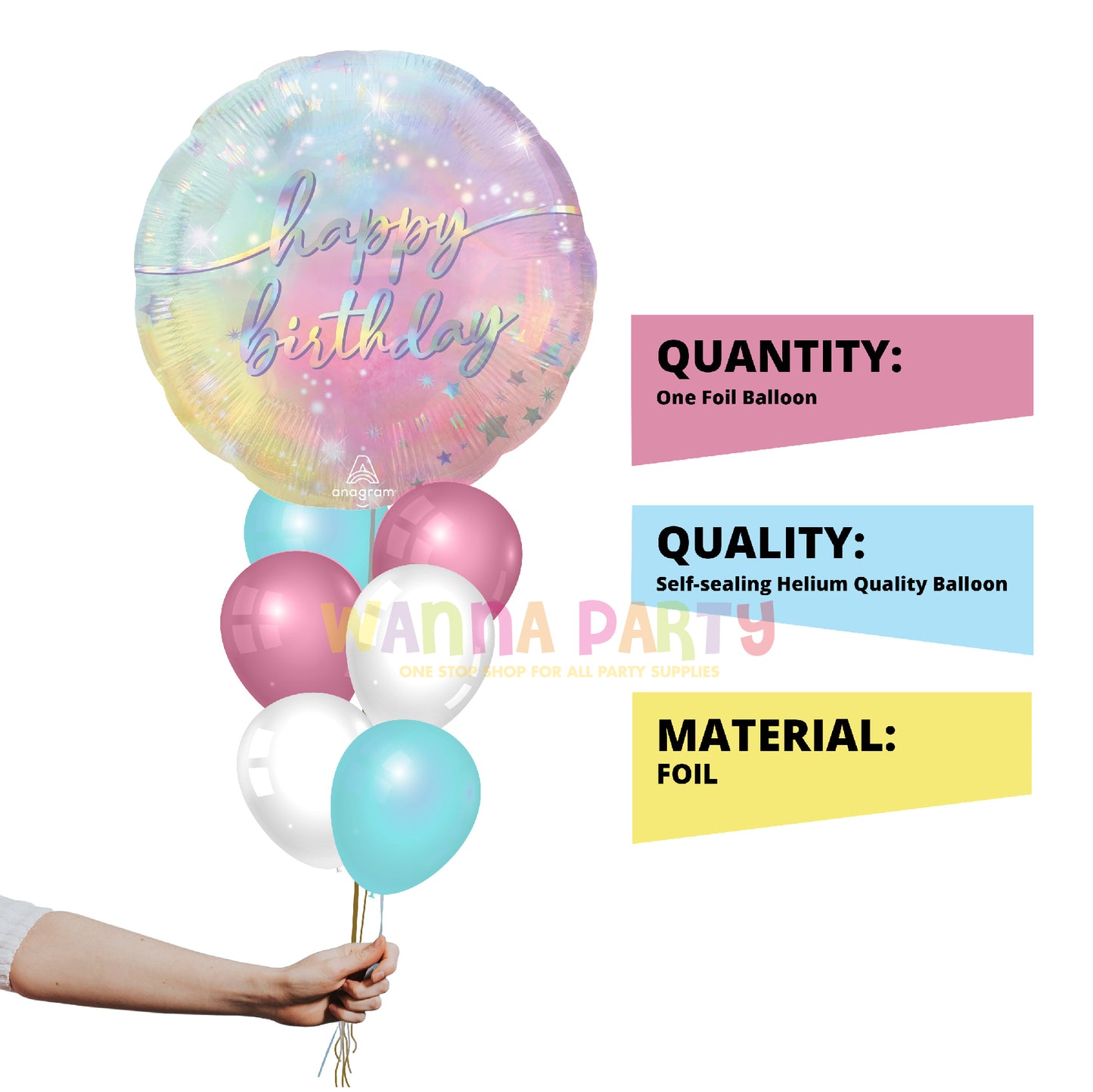 Happy Birthday Luminous Pastel Foil Balloon, 18 Inch – 1 Pc