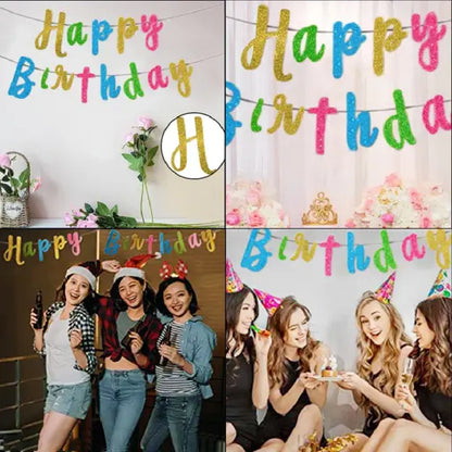 Happy Birthday Mulitcolor Glitter Cursive Banner - 1PC