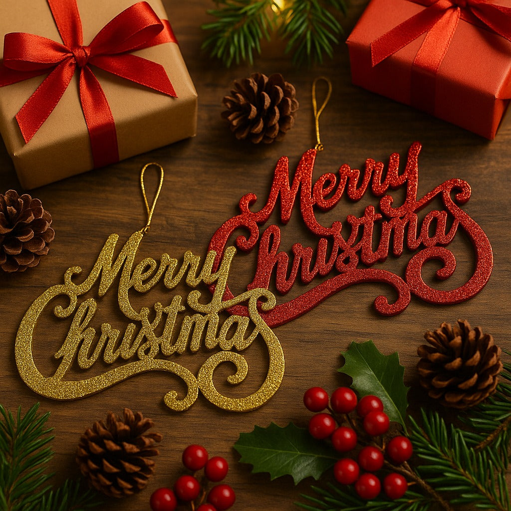 Merry Christmas Hanging Red & Gold - Set of 2