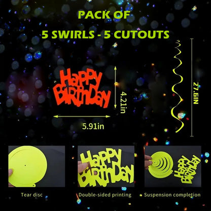 Neon UV/Glow In the Dark Happy Birthday Swirl Decoration - 5PC
