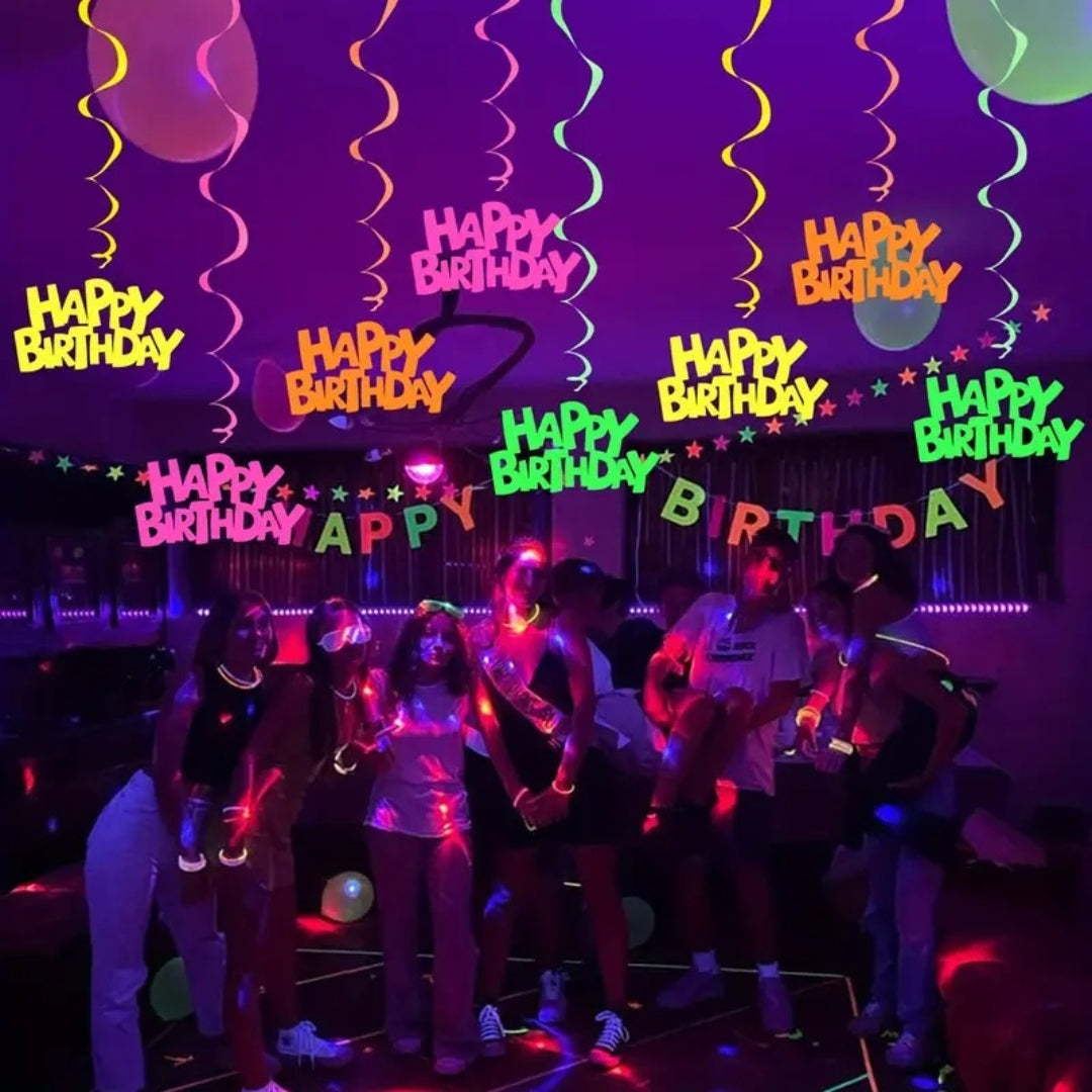 Neon UV/Glow In the Dark Happy Birthday Swirl Decoration - 5PC
