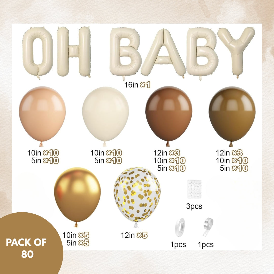 Oh Baby Beige Foil Balloon with Brown and Gold Latex Balloons Combo Kit - 80PC