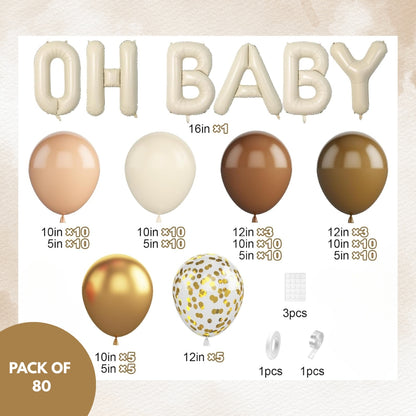 Oh Baby Beige Foil Balloon with Brown and Gold Latex Balloons Combo Kit - 80PC