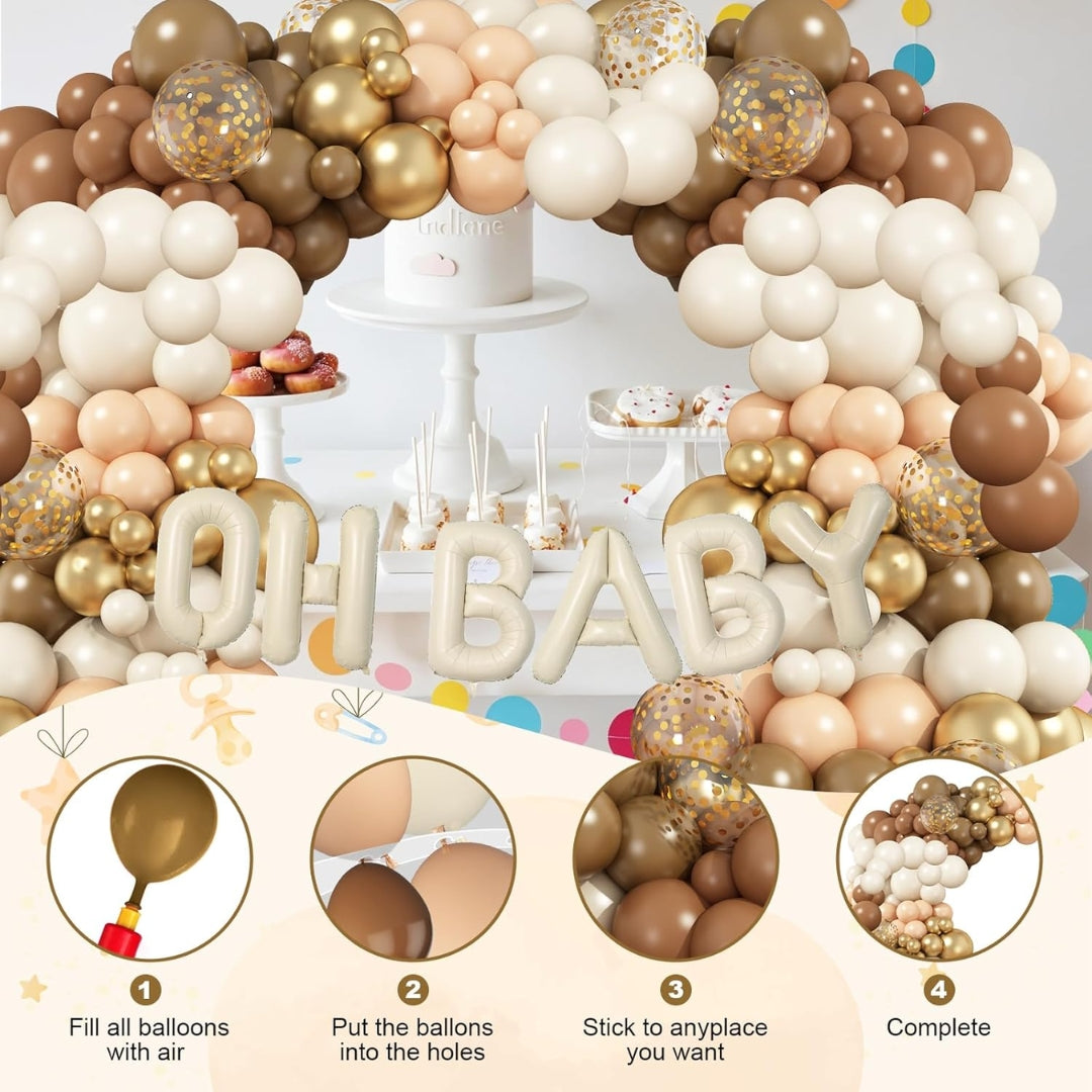 Oh Baby Beige Foil Balloon with Brown and Gold Latex Balloons Combo Kit - 80PC