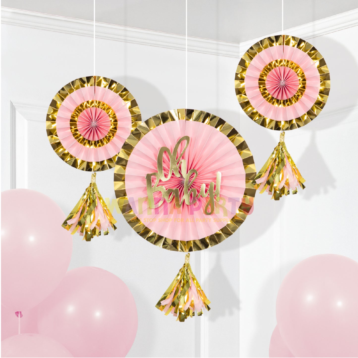 Oh Baby! Paper Fans Pink & Gold with Tassel - 3PC