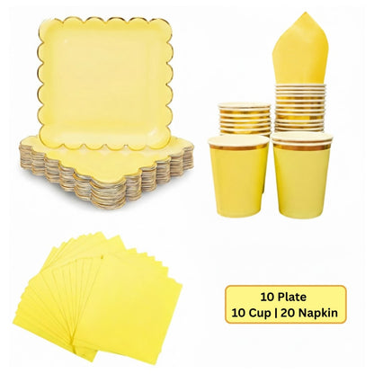 Yellow Party Tableware Combo with Plates, Tissues, Cups, Spoons and Forks - 64PC - Serves Upto 10 Pax