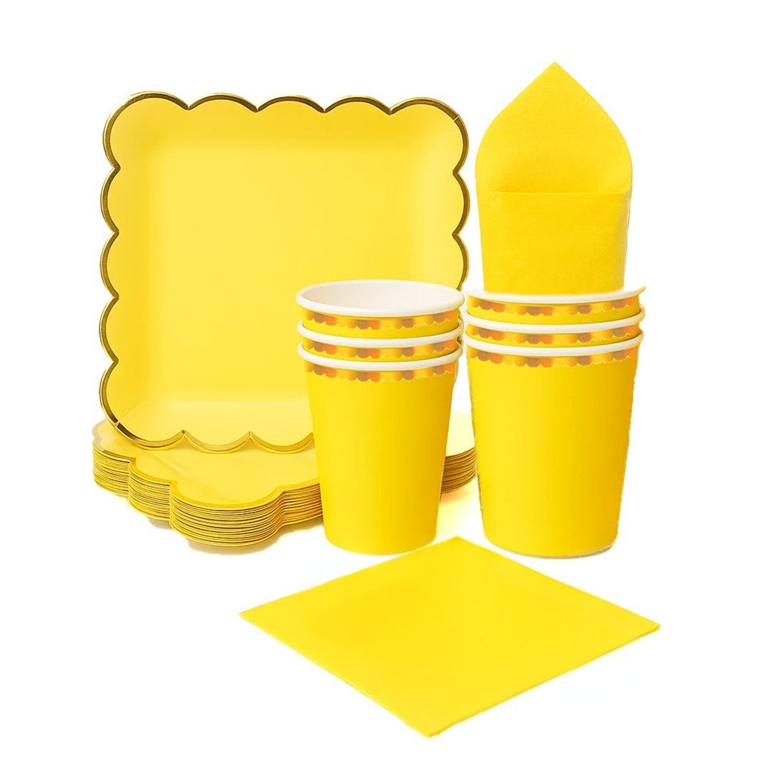 Yellow Party Tableware Combo with Plates, Tissues, Cups, Spoons and Forks - 64PC - Serves Upto 10 Pax