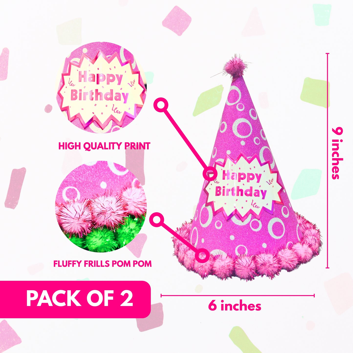 Happy Birthday Party Hats w/Polka Dot & Pom Pom - 2PC