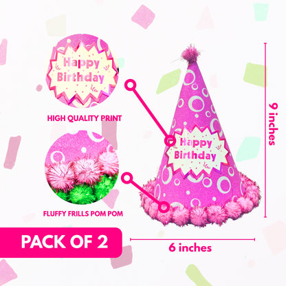 Happy Birthday Party Hats w/Polka Dot & Pom Pom - 2PC