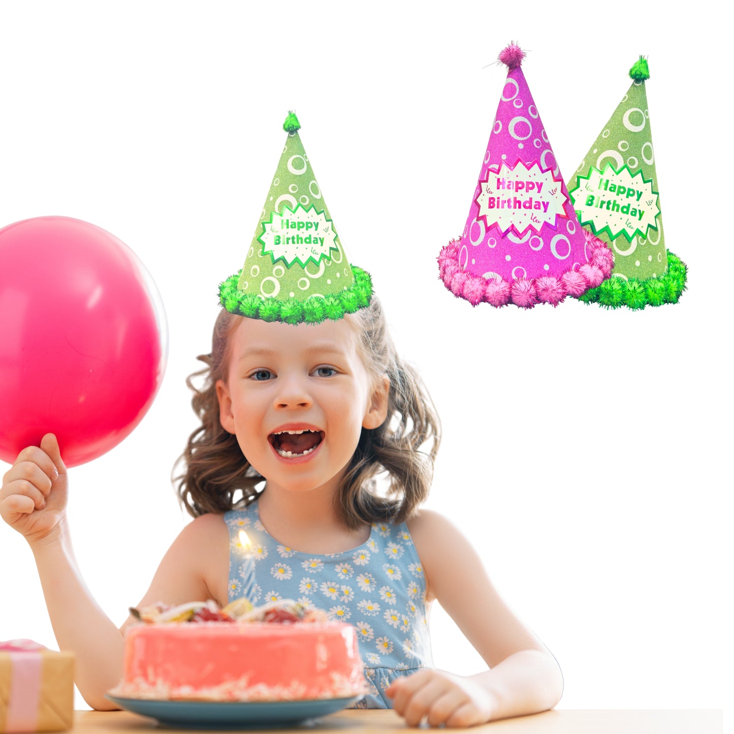 Happy Birthday Party Hats w/Polka Dot & Pom Pom - 2PC