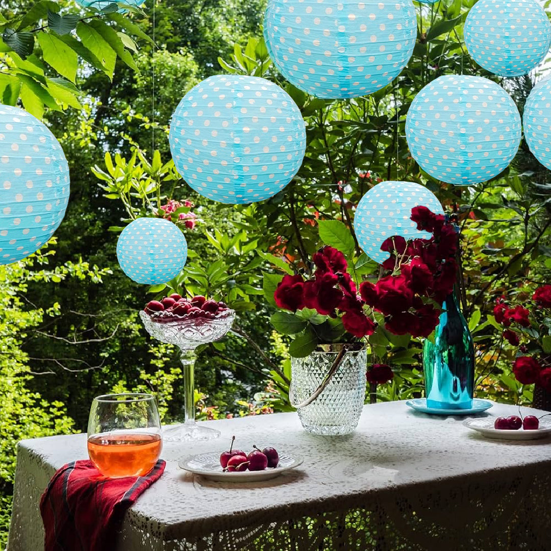 Paper Lantern Aqua Blue Color w/Polka Dot for Hanging Decor - 14 inches - 1PC