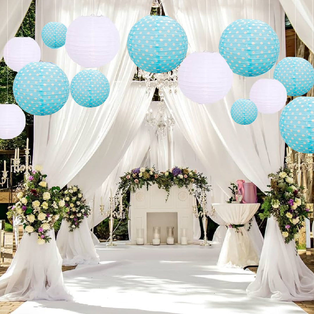 Paper Lantern Aqua Blue Color w/Polka Dot for Hanging Decor - 14 inches - 1PC