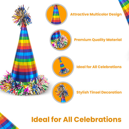 Multicolored Glossy Party Hat w/ Fringe - 1 PC