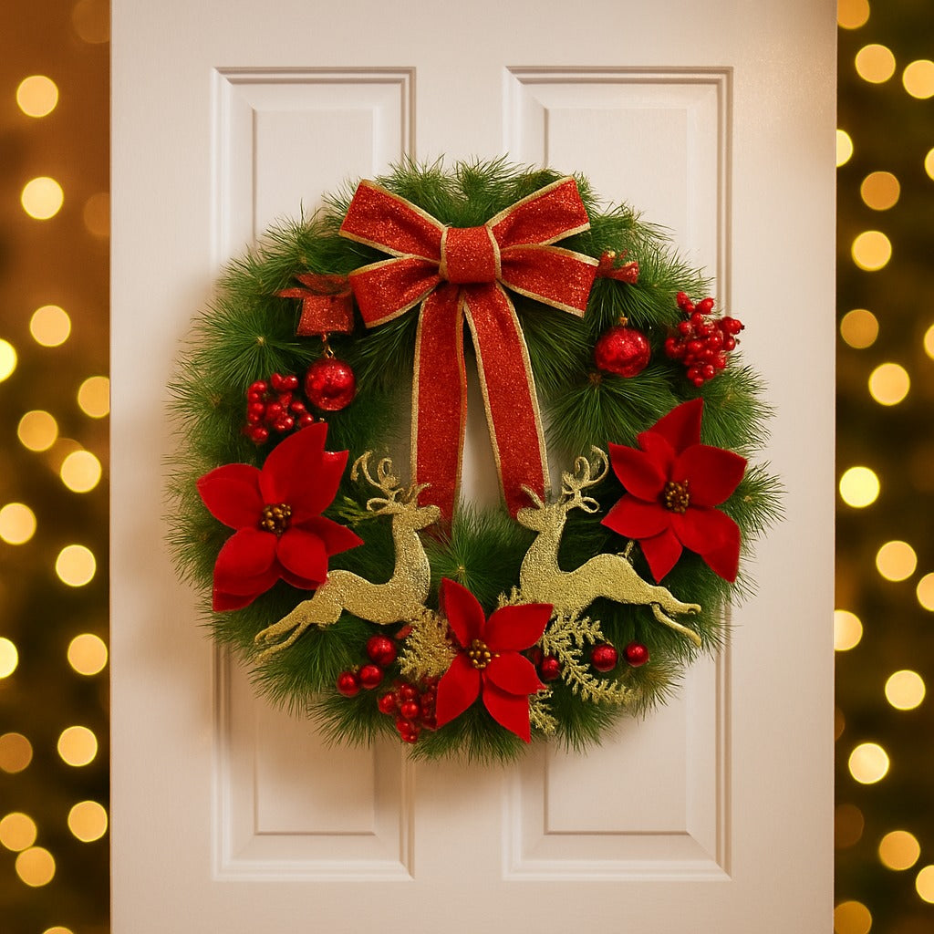 Christmas Wreath Red w/Reindeer, Cherries, Bells & Bows 18"