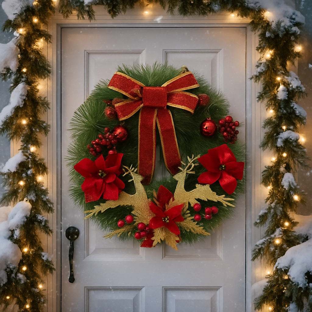 Christmas Wreath Red w/Reindeer, Cherries, Bells & Bows 18"