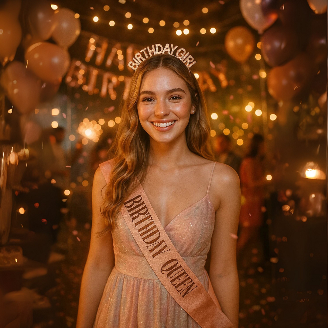Happy Birthday Tiara Headband with Birthday Queen Sash Combo - 2PC