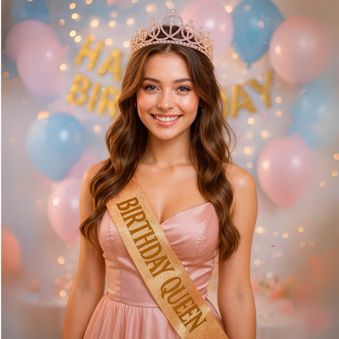 Happy Birthday Girl Tiara and Birthday Queen Sash Combo Set - 2PC