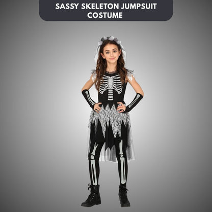 Sassy Skeleton Jumpsuit Costume with  Tutu and Floral Headband with White Veil