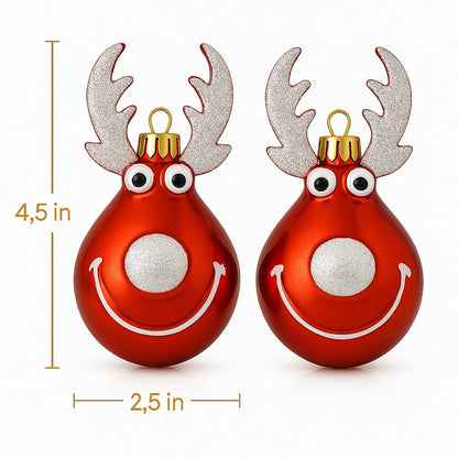 Christmas Reindeer Face Red  with Snow Nose Tip and Horns - Set of 2