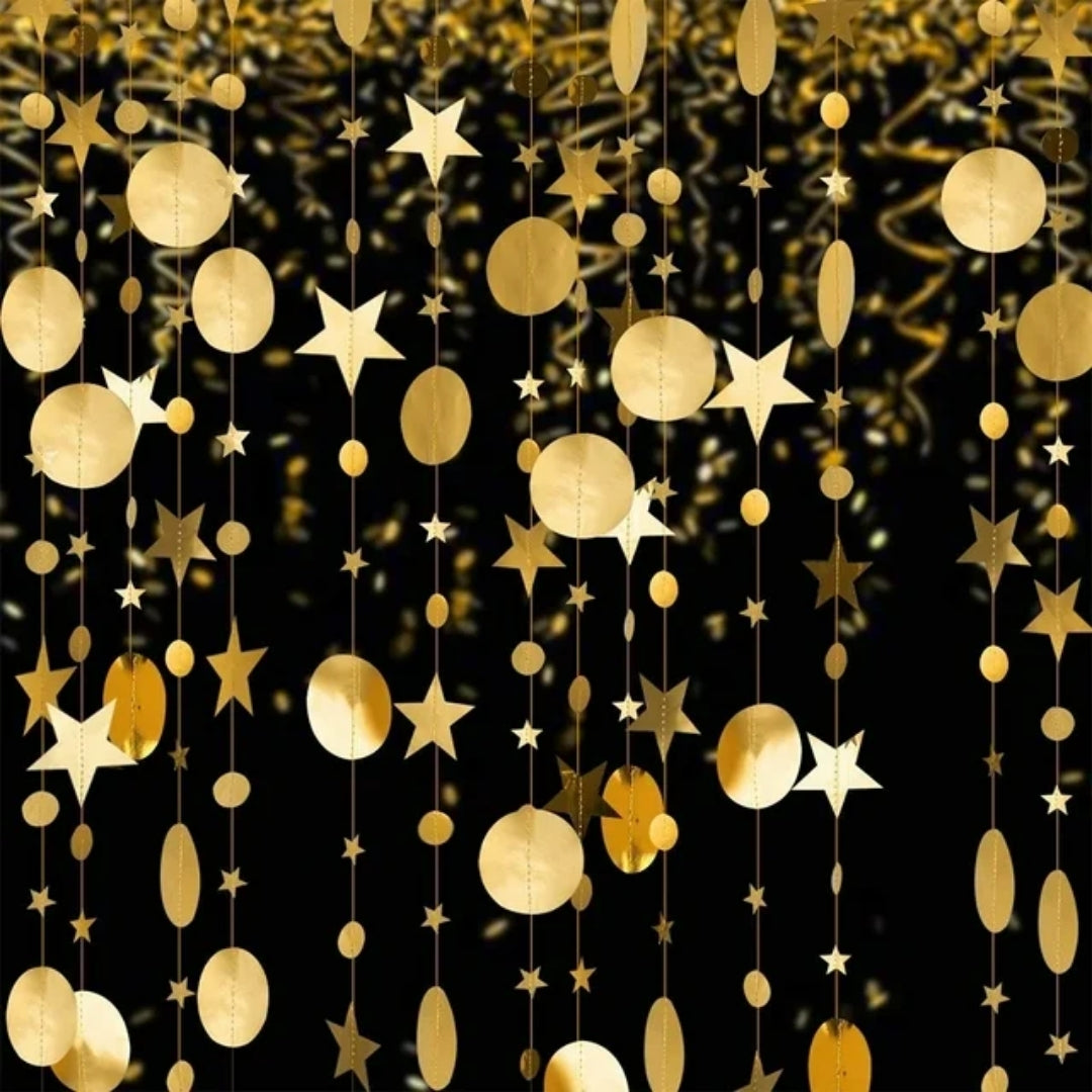 Star and Round Hanging Gold String/Garland Decoration - 8FT - 1PC
