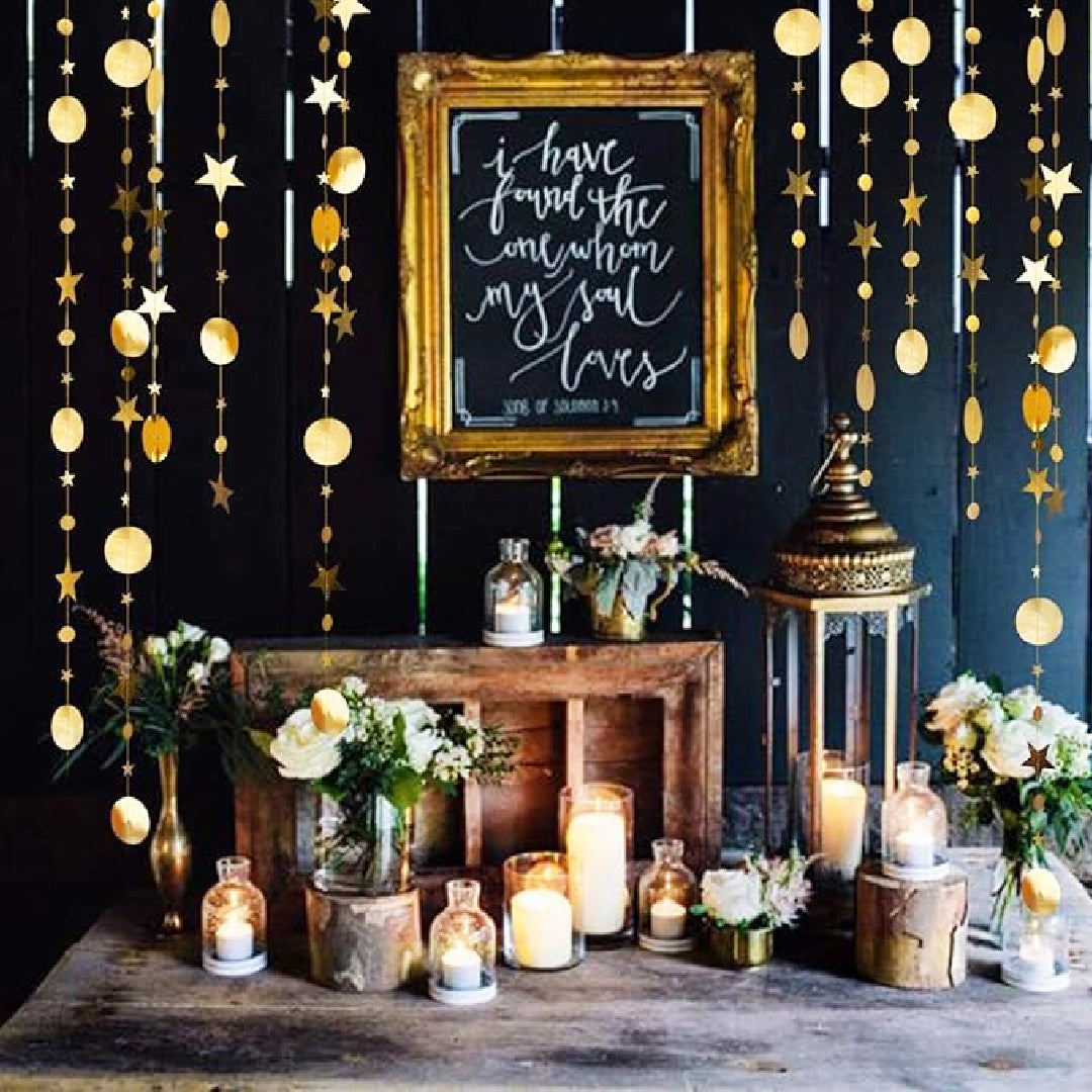 Star and Round Hanging Gold String/Garland Decoration - 8FT - 1PC