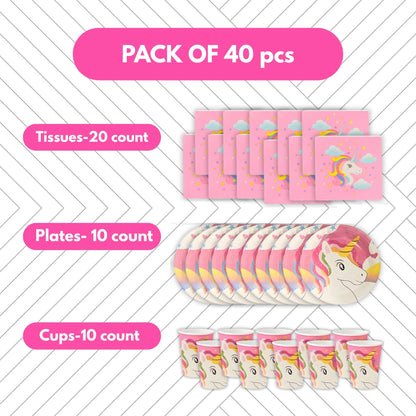 Unicorn Theme Tableware Combo w Plates, Cups & Napkins - 40PC